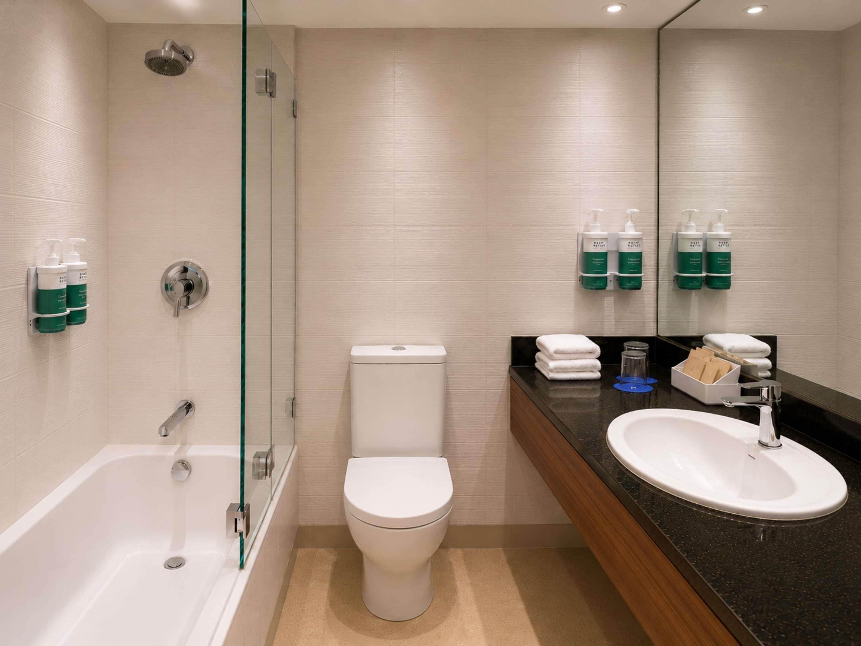 A modern bathroom with a glass-enclosed shower, a toilet, and a sink with a vanity.
