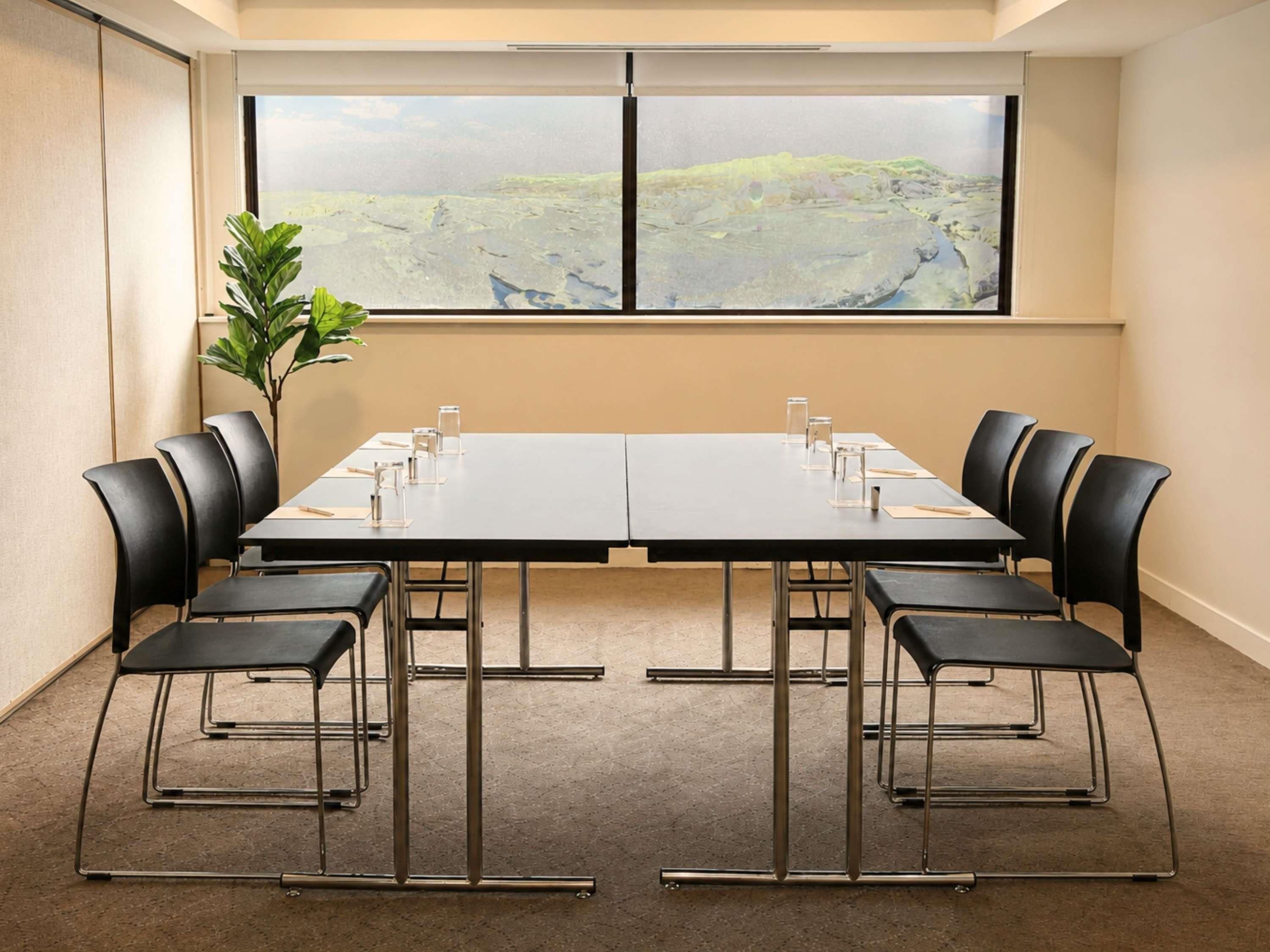 A conference room with a long table, black chairs, and a potted plant.