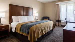 Een hotelkamer met een groot bed, twee nachtkastjes, een bureau en een stoel.