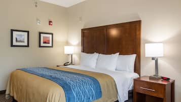 Una habitación de hotel con una cama grande, dos lámparas de noche, una mesita de noche con un reloj y dos cuadros en la pared.