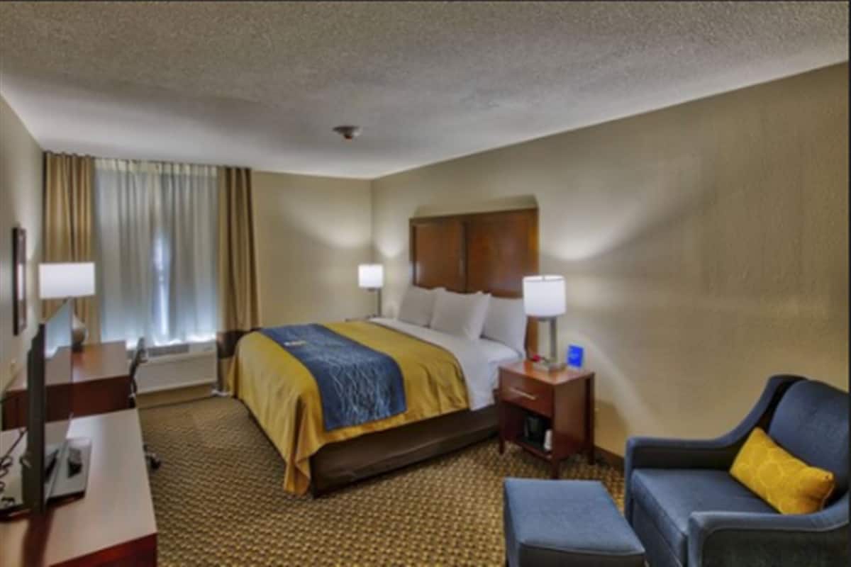 Une chambre d’hôtel avec un lit, un bureau, une chaise et une table de chevet.
