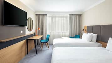 Hypo-allergenic bedding, desk, blackout curtains, soundproofing