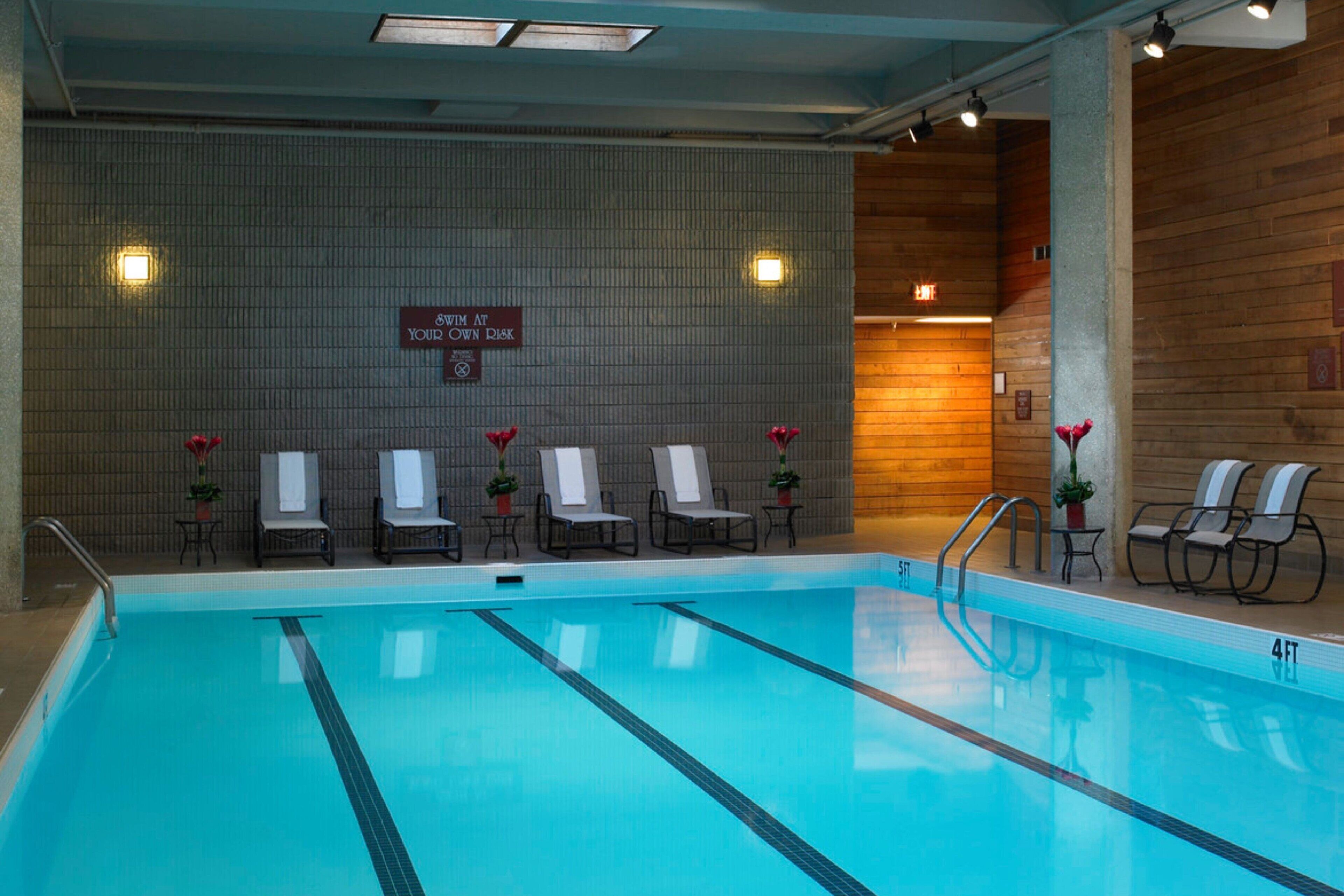 indoor pool, open 5 am to midnight, pool loungers