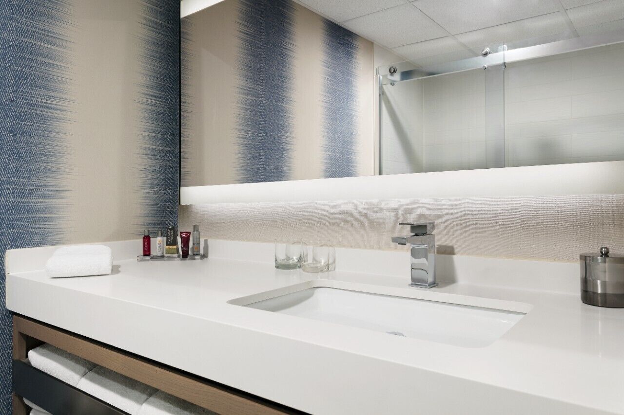A modern bathroom with a double sink, a large mirror, and a shower.