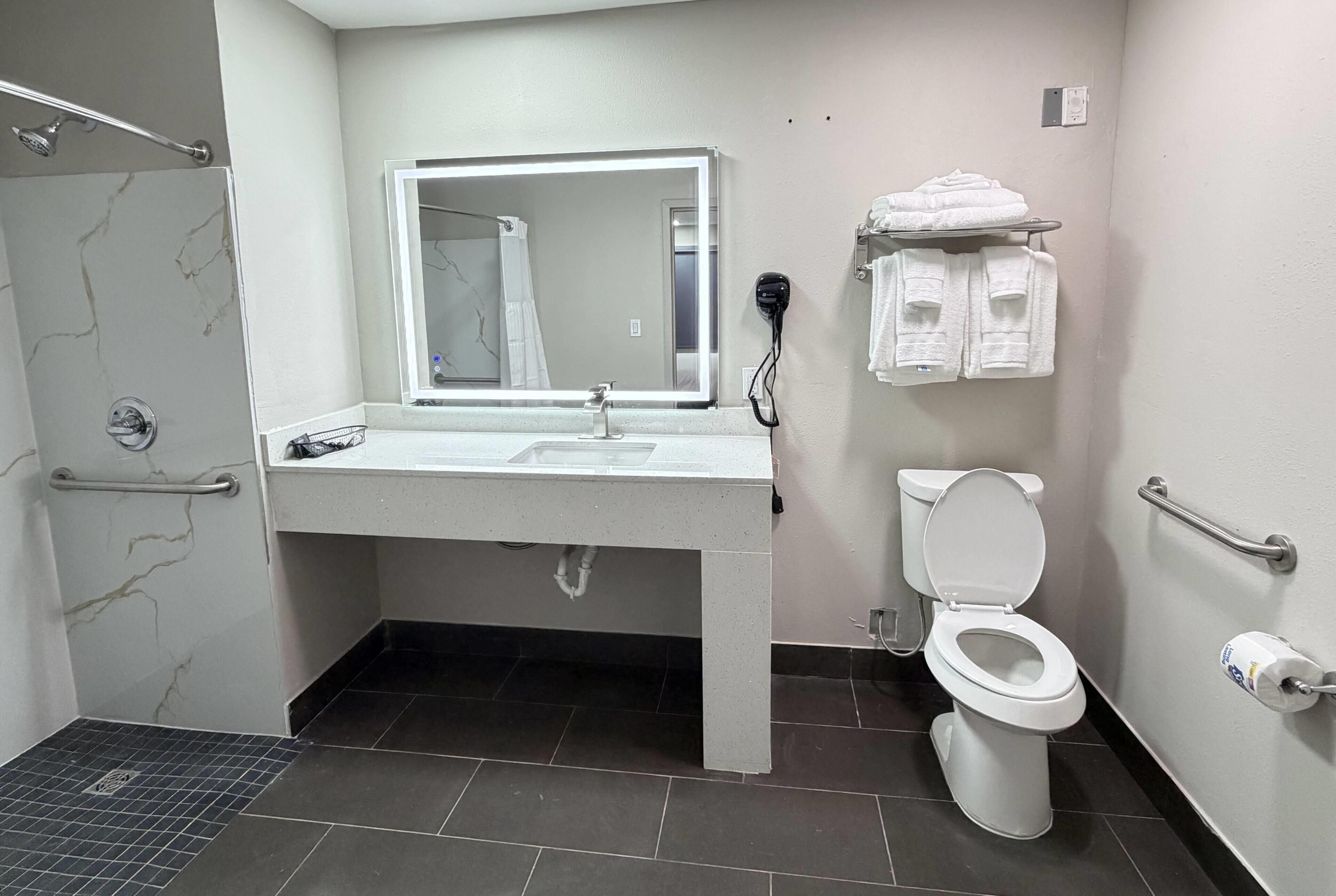 Une salle de bain équipée d’une douche, d’un lavabo, d’un miroir, de toilettes et d’un porte-serviettes.