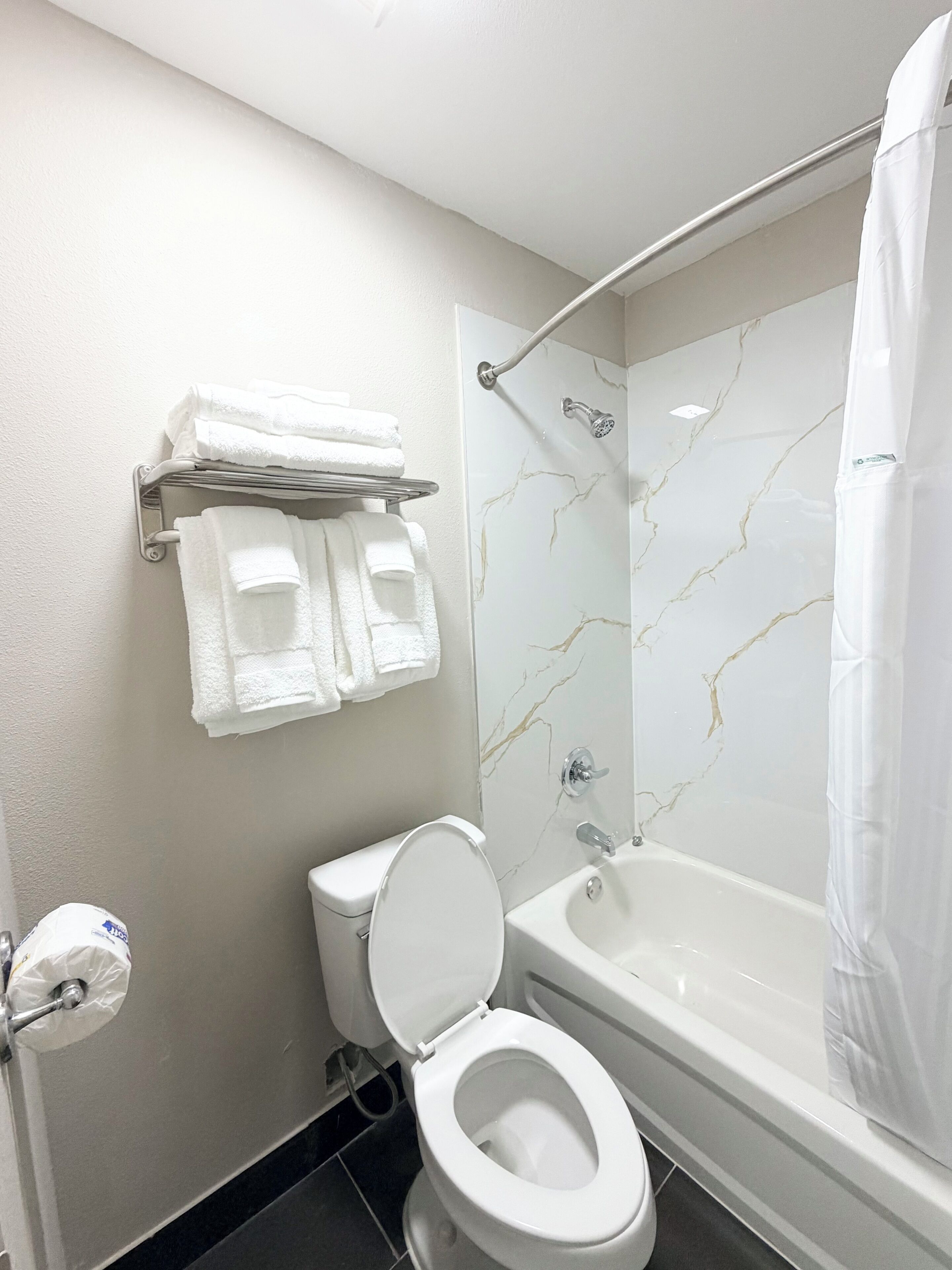 Et badeværelse med toilet, bruseniche med glasdør og håndklædestige med foldede håndklæder.