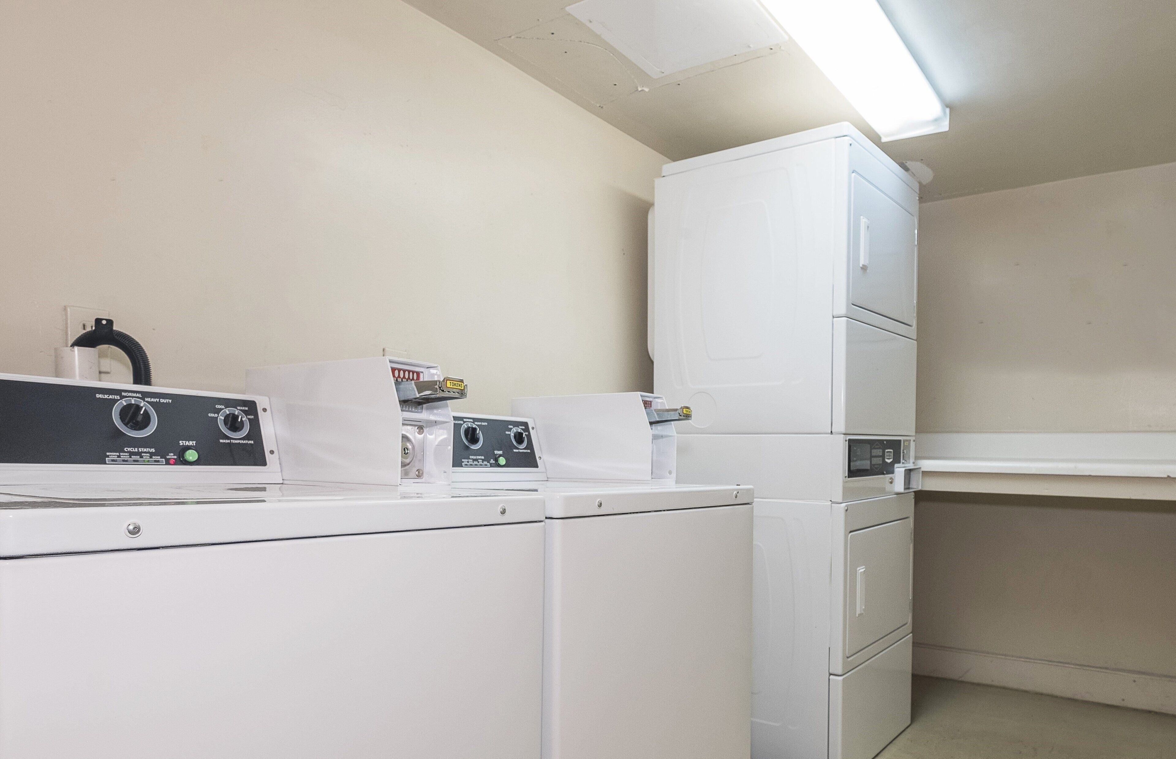 Een wasserette met een wasmachine, droger en gestapelde kastjes.