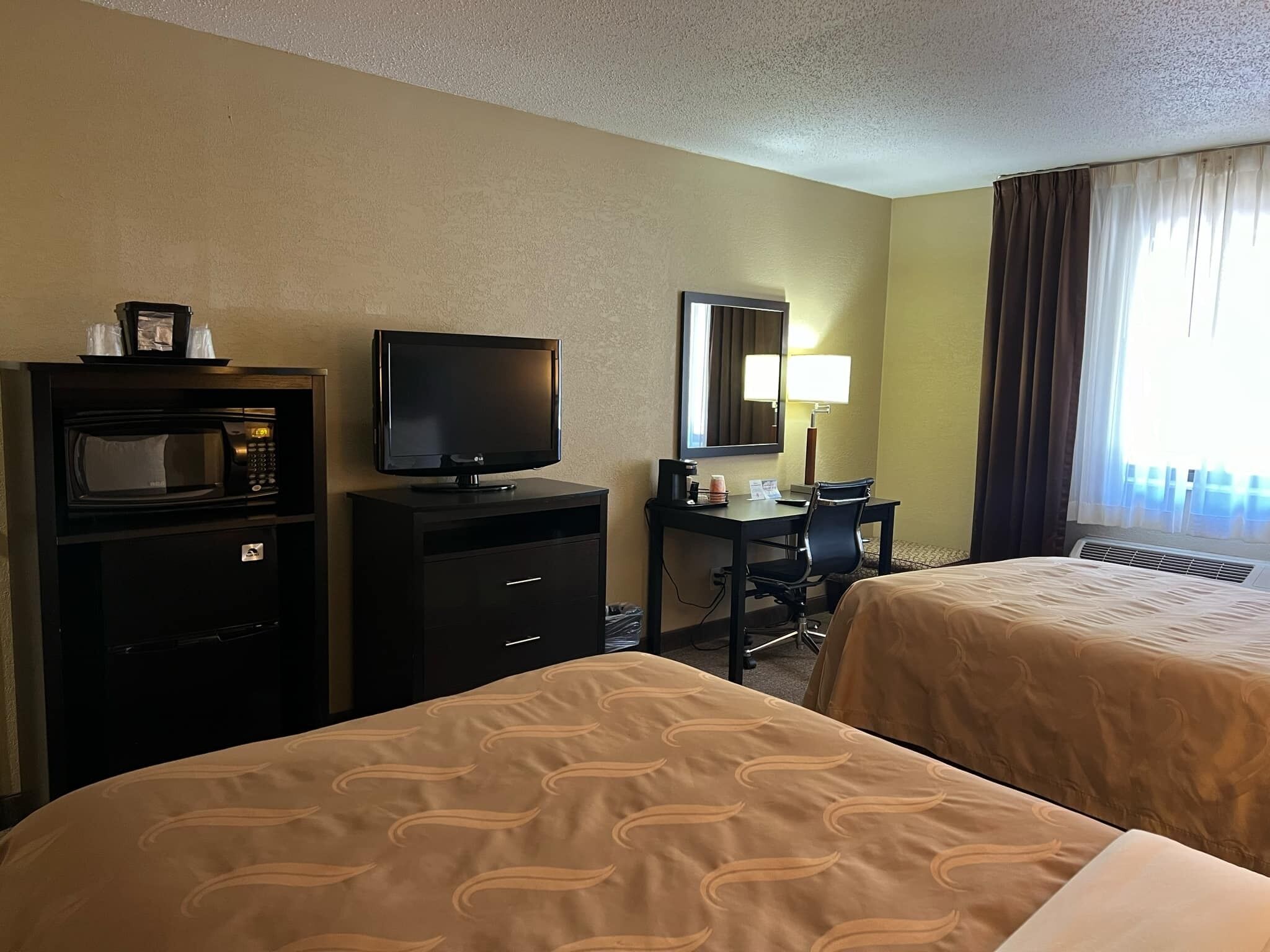 standard room, 2 double beds, non smoking | in-room safe, desk, laptop workspace, blackout curtains