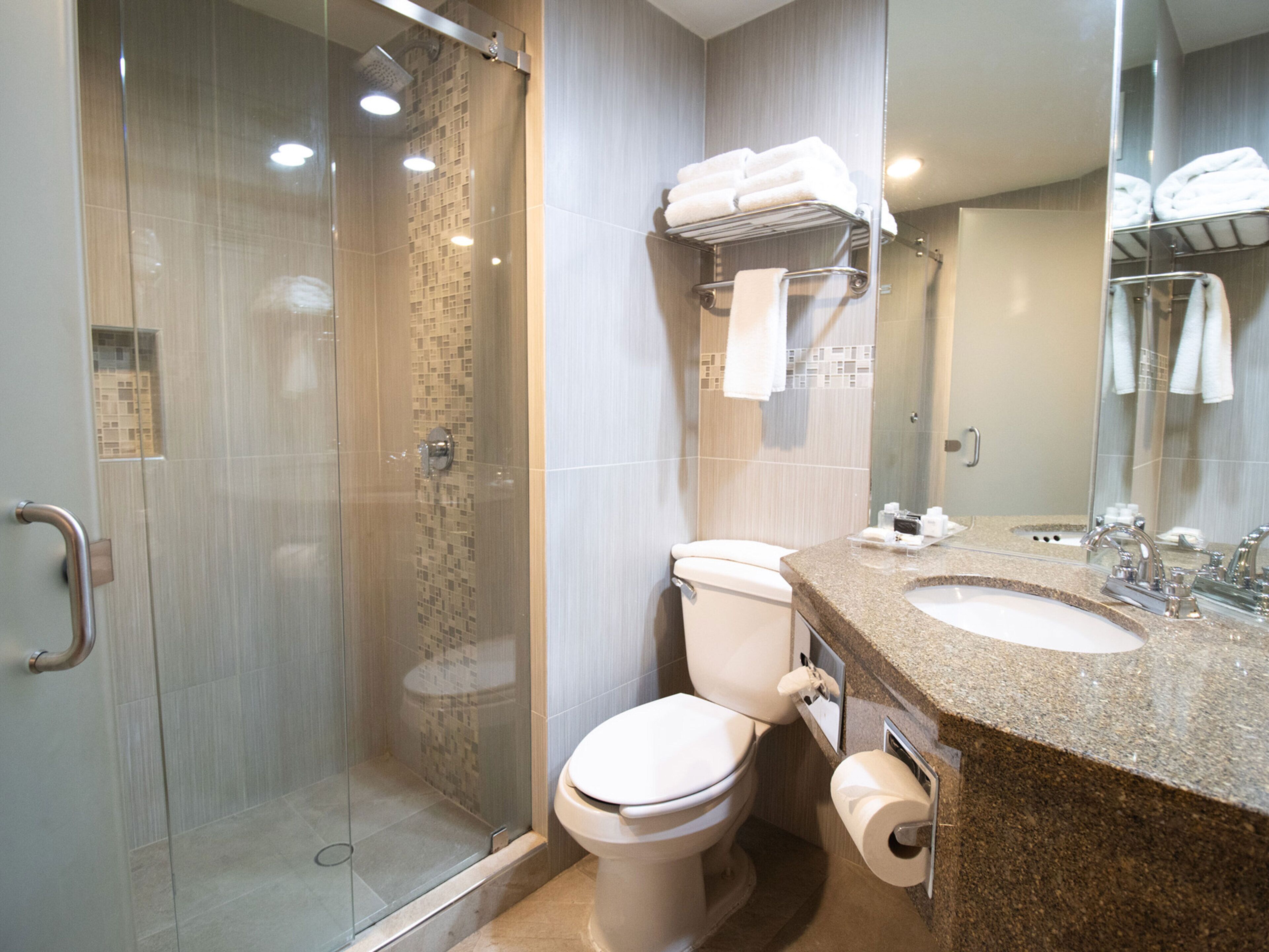 shower, rainfall showerhead, free toiletries, hair dryer