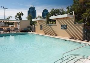 Seasonal outdoor pool, open 6:00 AM to 10:00 PM, sun loungers