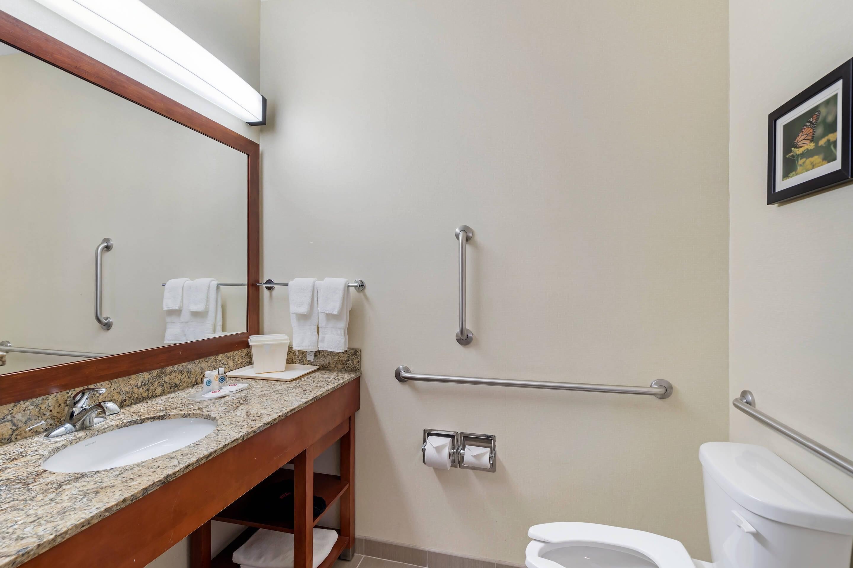 A bathroom with two sinks, a toilet, grab bars, and a large mirror.