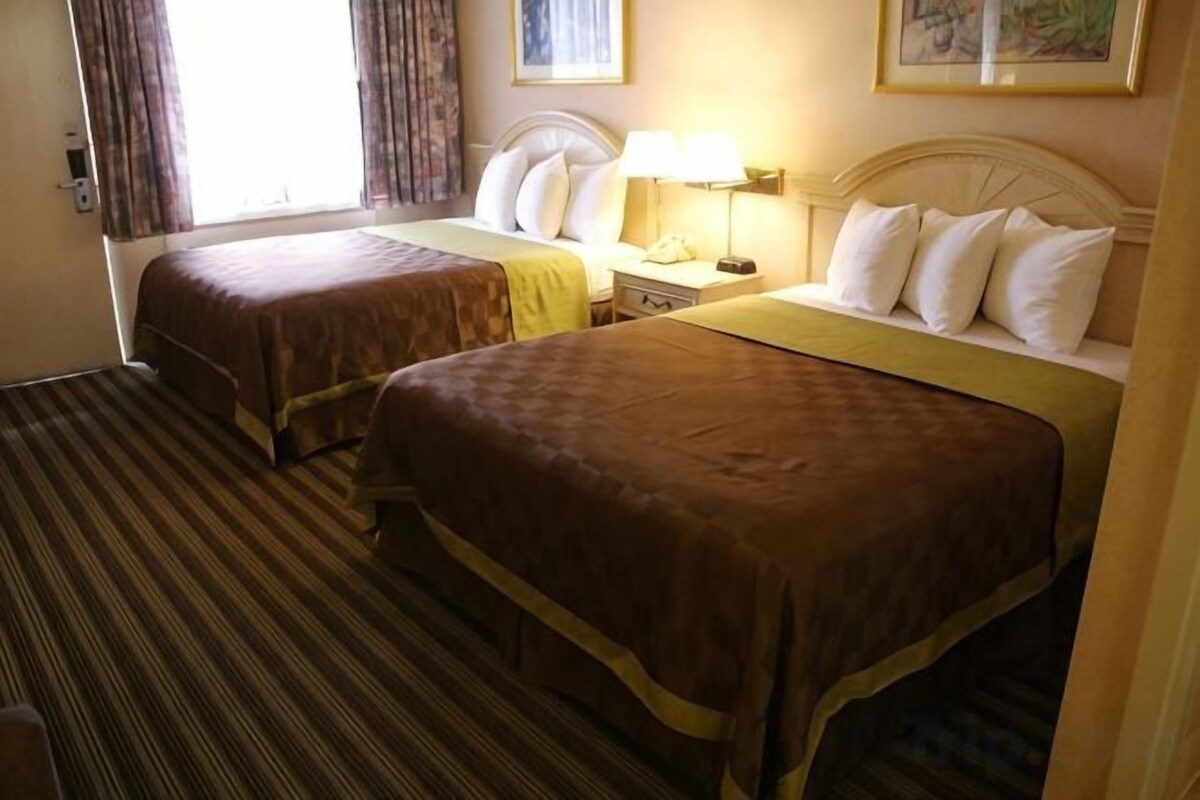 A hotel room with two beds, a bedside table with a lamp, and a window with curtains.