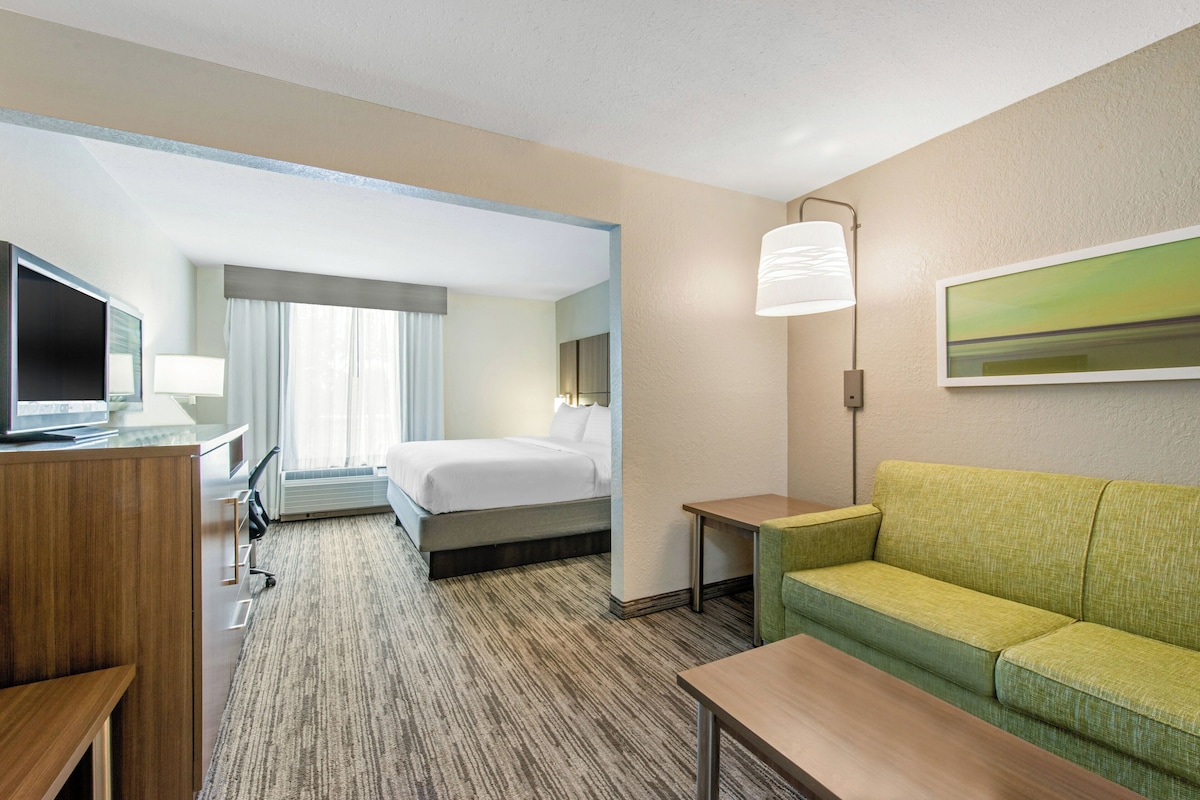 A hotel room with a bed, a desk, a television, a sofa, and a painting on the wall.