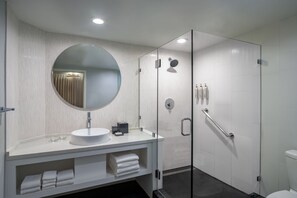 Designer toiletries, hair dryer, towels
