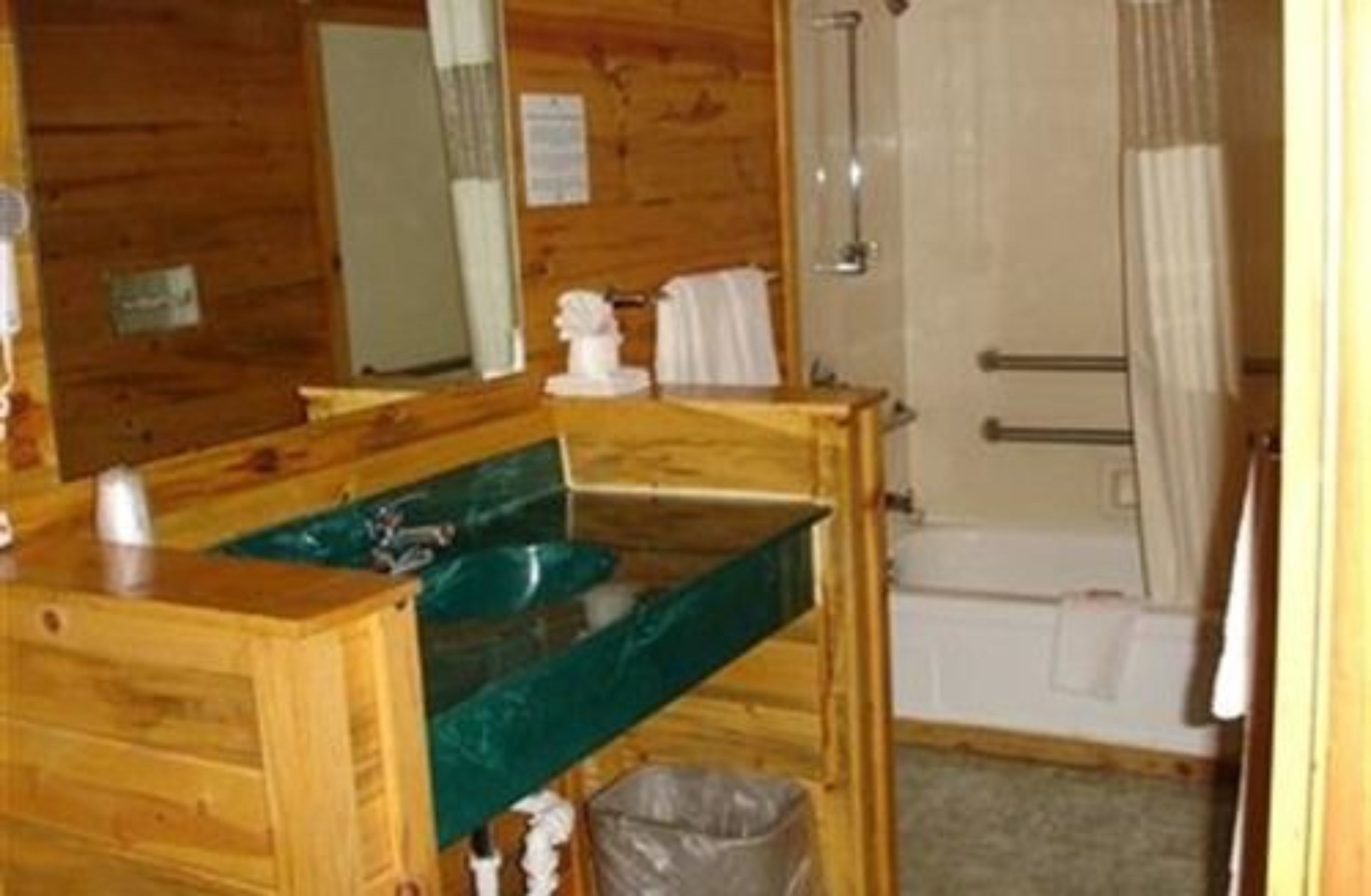 Une salle de bain rustique, avec des murs en bois, un meuble-lavabo en bois, un lavabo vert, une douche et un miroir.