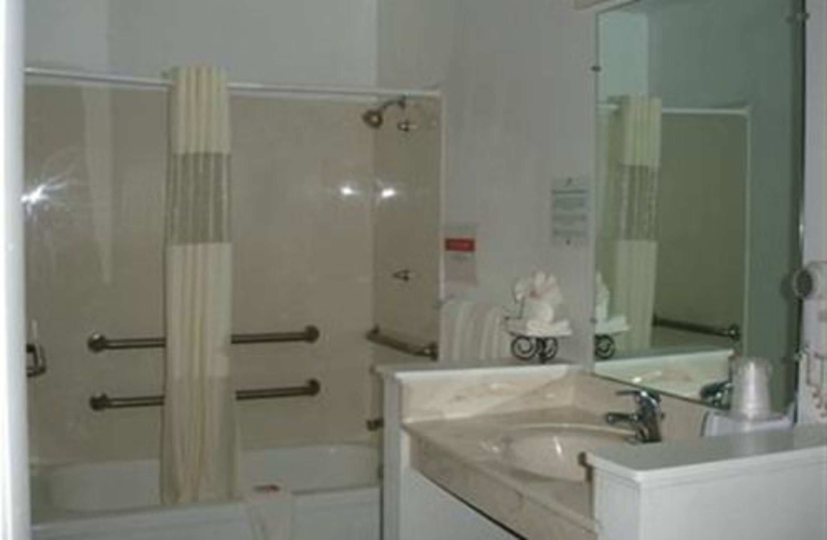 Un baño con ducha, lavabo y espejo.