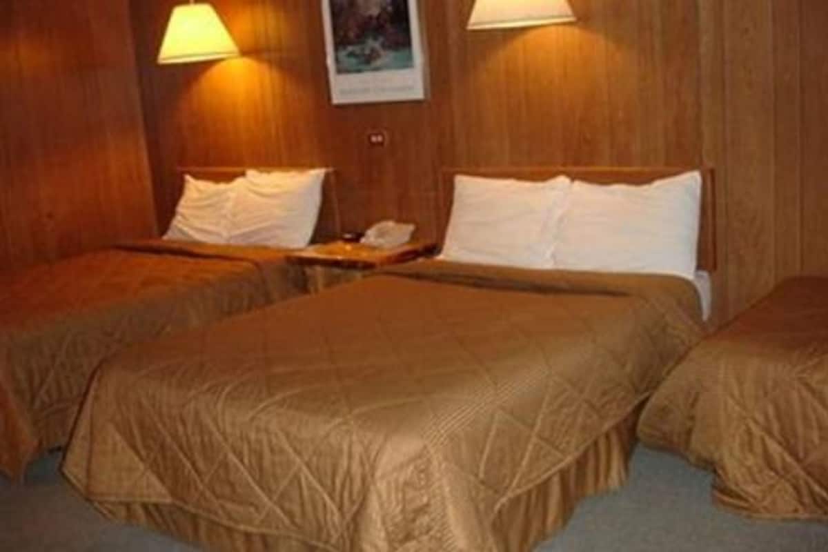 Quarto de hotel com duas camas de solteiro, paredes de madeira e duas luminárias de cabeceira.