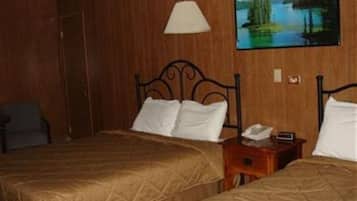 Habitación de hotel con dos camas, una pared de madera, un cuadro de un lago y una lámpara.