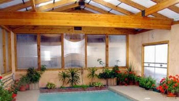 An indoor swimming pool with wooden beams, large windows, and potted plants.