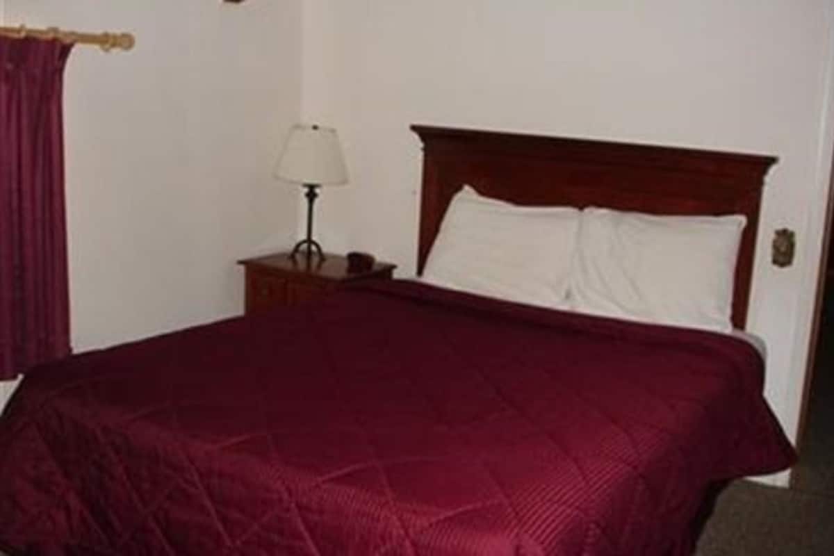 Quarto de hotel padrão com uma cama de solteiro, uma mesa de cabeceira com abajur e uma parede lisa.