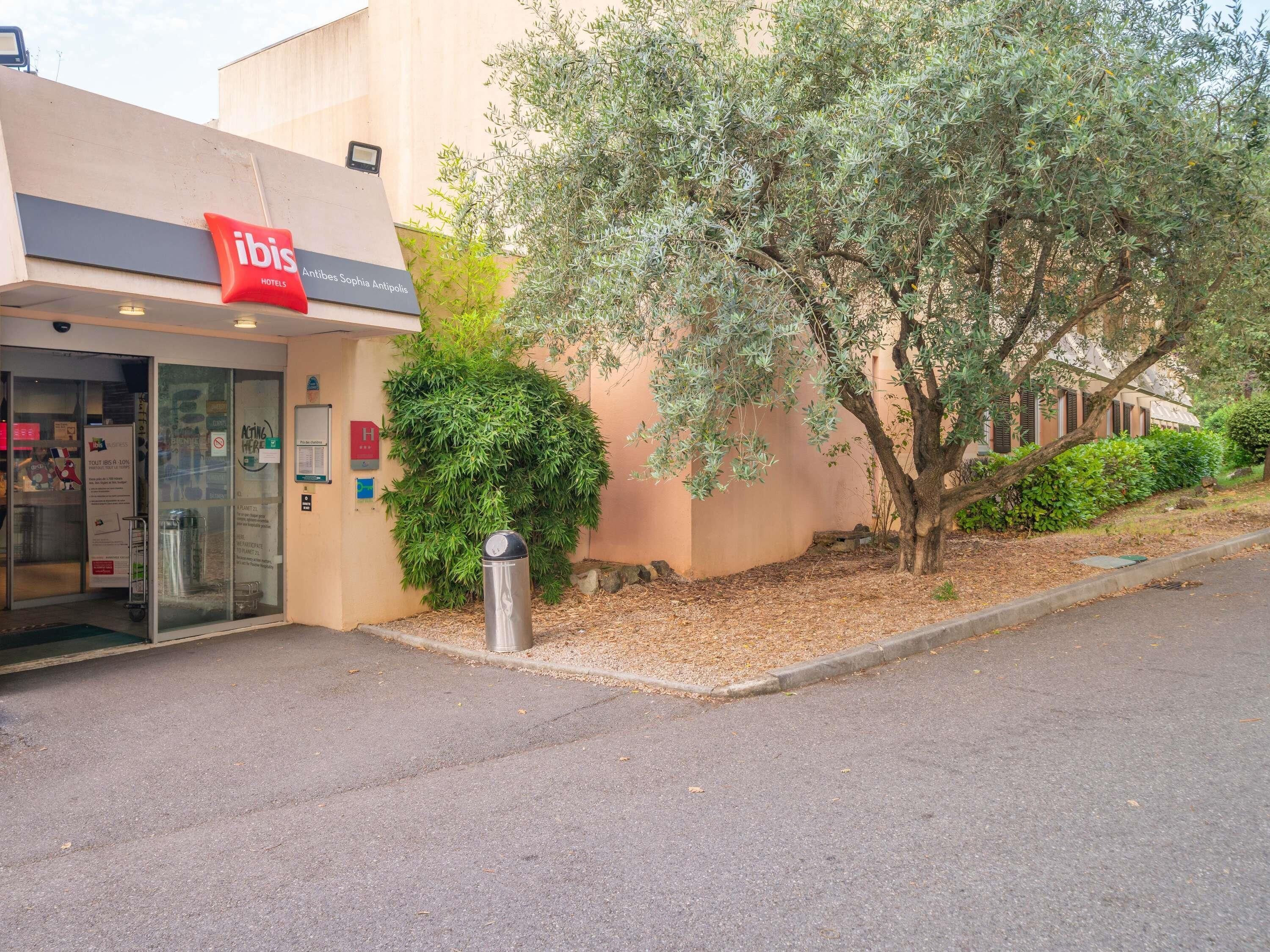 A hotel entrance with a red 'ibis' sign, a glass door, and a small tree in front.