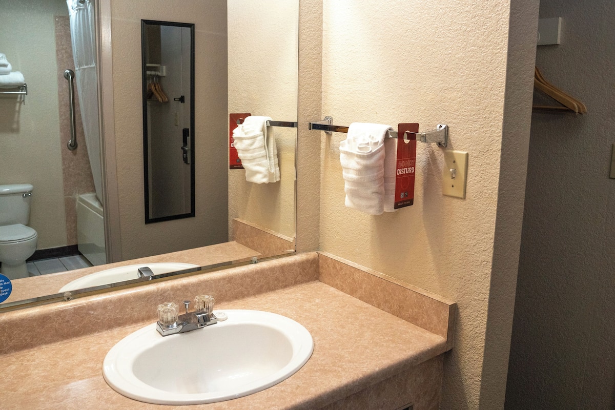 combined shower/bathtub, free toiletries, hair dryer, towels