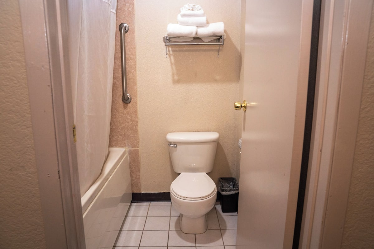 combined shower/bathtub, free toiletries, hair dryer, towels