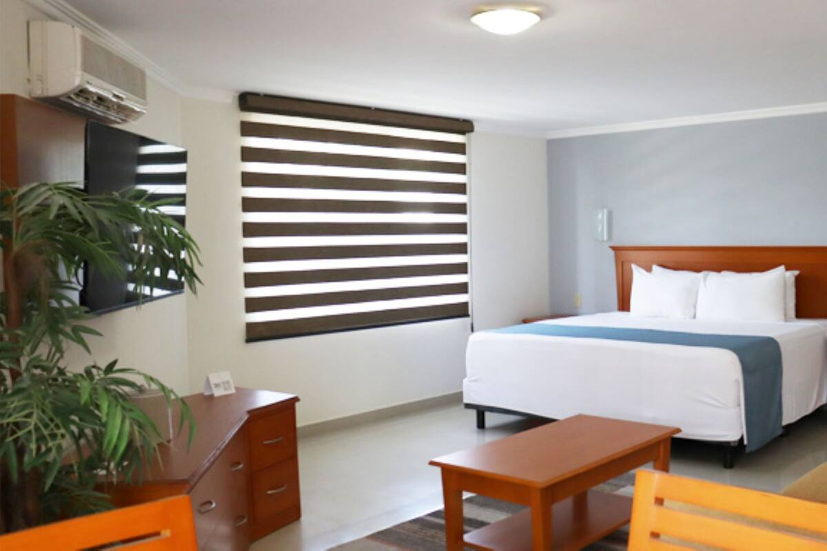 Een hotelkamer met een bed, nachtkastjes, een bureau, een stoel, een potplant en een raam met jaloezieën.