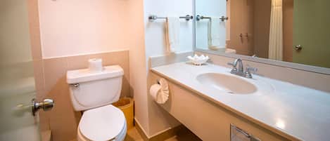 A bathroom with a toilet, sink, and mirror.