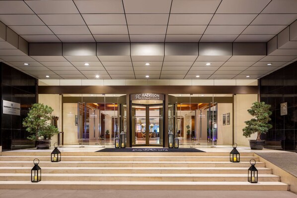 A hotel entrance with a revolving door, steps leading up to it, and two potted plants on either side.