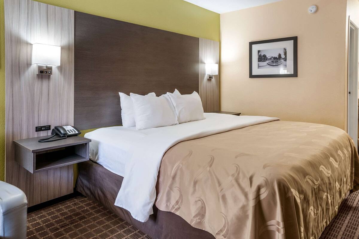 Una habitación de hotel con cama, mesita de noche, lámpara y un cuadro enmarcado en la pared.