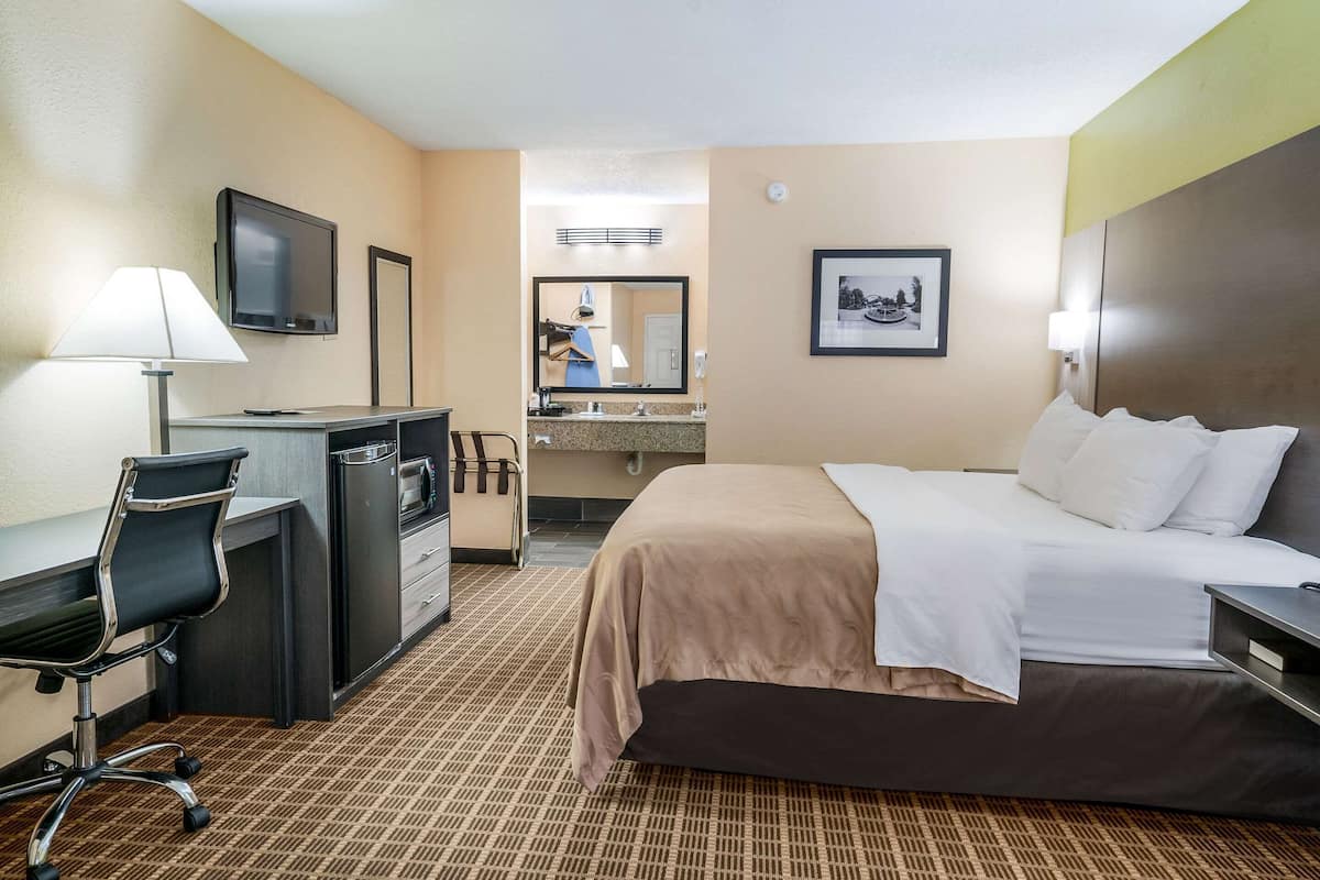 Una habitación de hotel con cama, escritorio, silla y televisor.