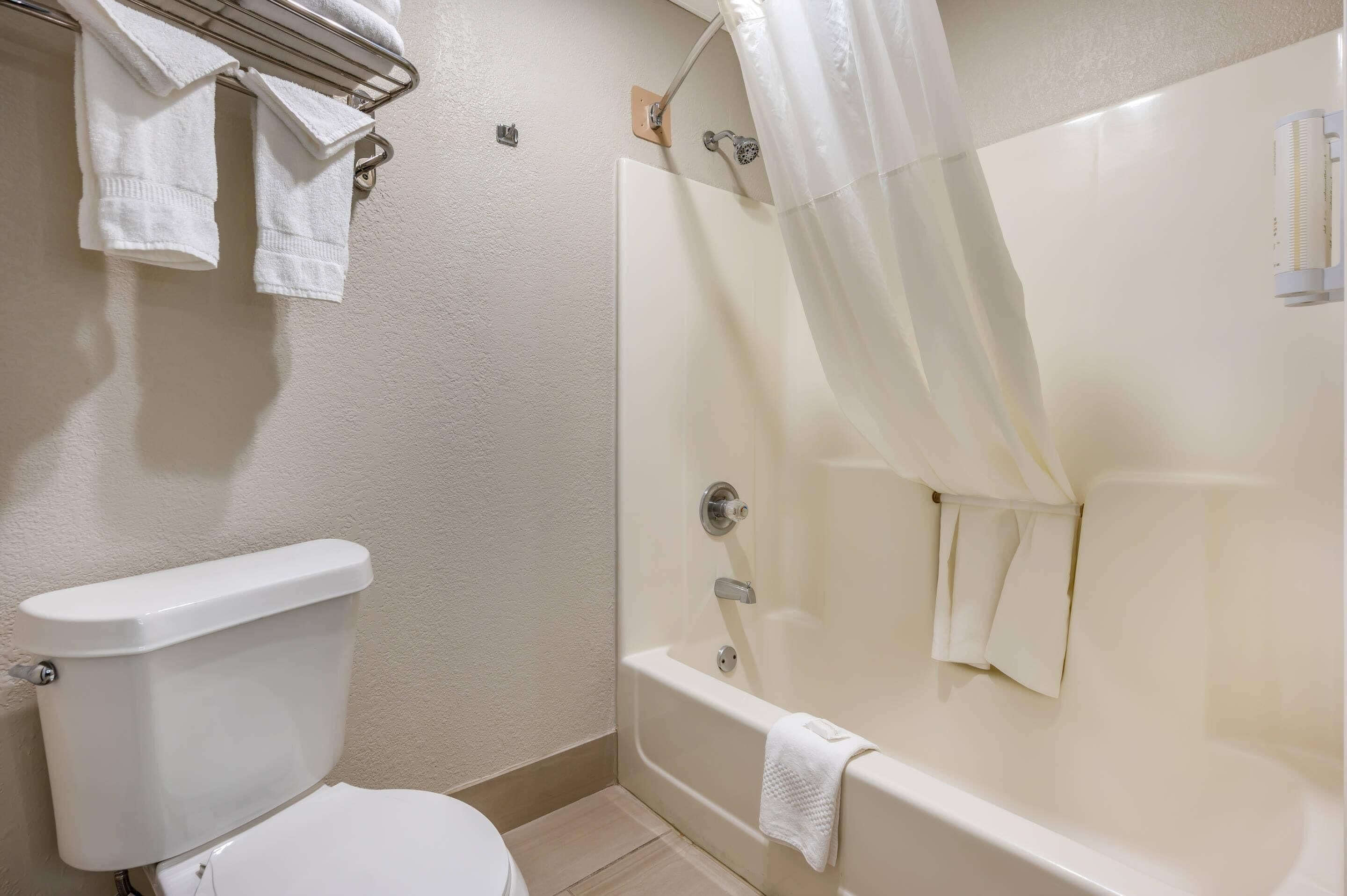 Un baño con inodoro, bañera y cortina de ducha.