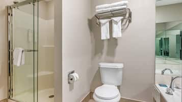 A bathroom with a glass shower enclosure, a toilet, a towel rack with folded towels, and a sink with a mirror.