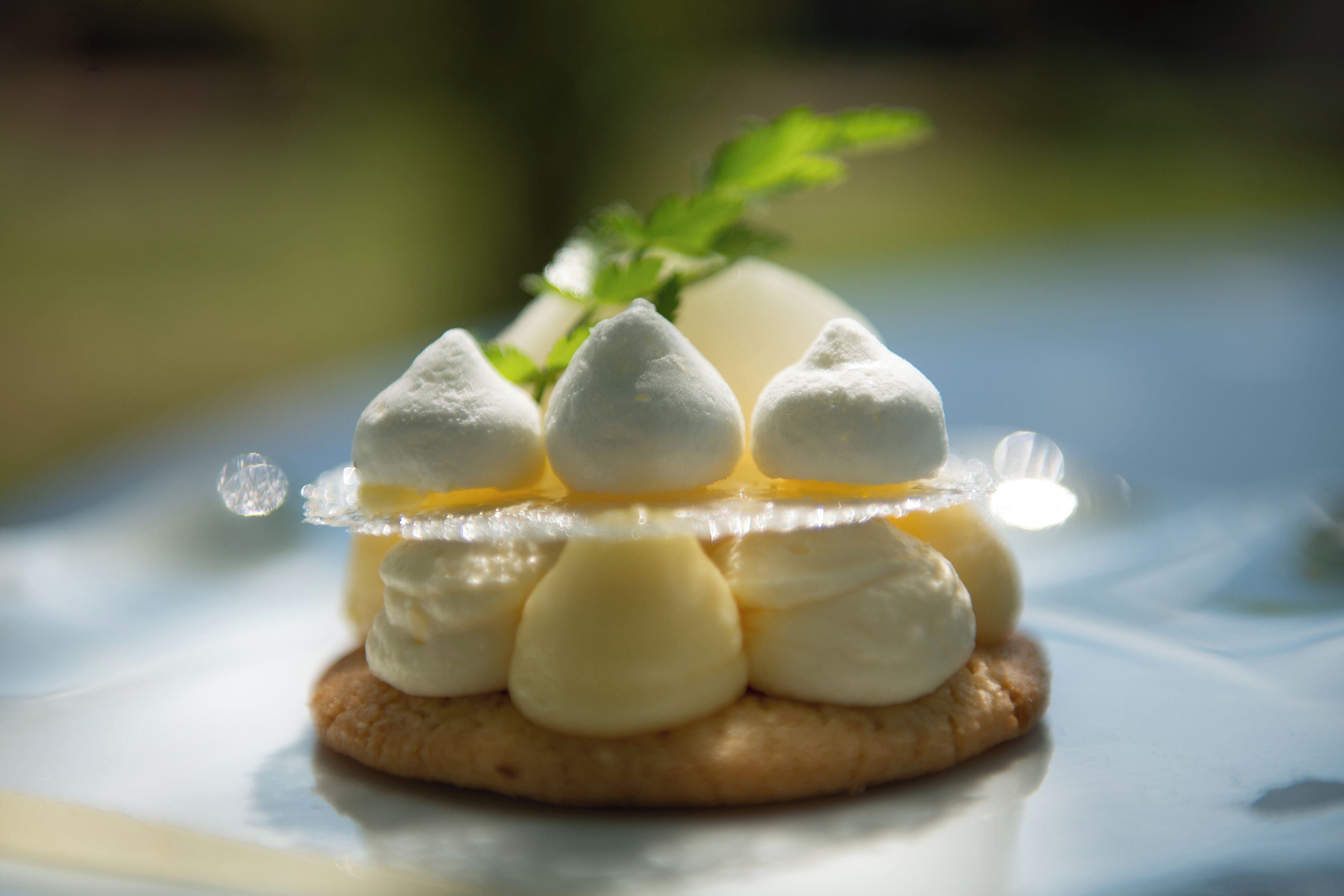 En dessert med marängtoppar på en kakbotten, garnerad med ett myntablad.