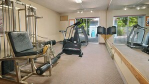 Een sportschool met trainingsapparatuur, een spiegelwand en uitzicht naar buiten.