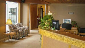 Een receptiebalie met een bureau, een computer, een stoel, een lamp en een plant.