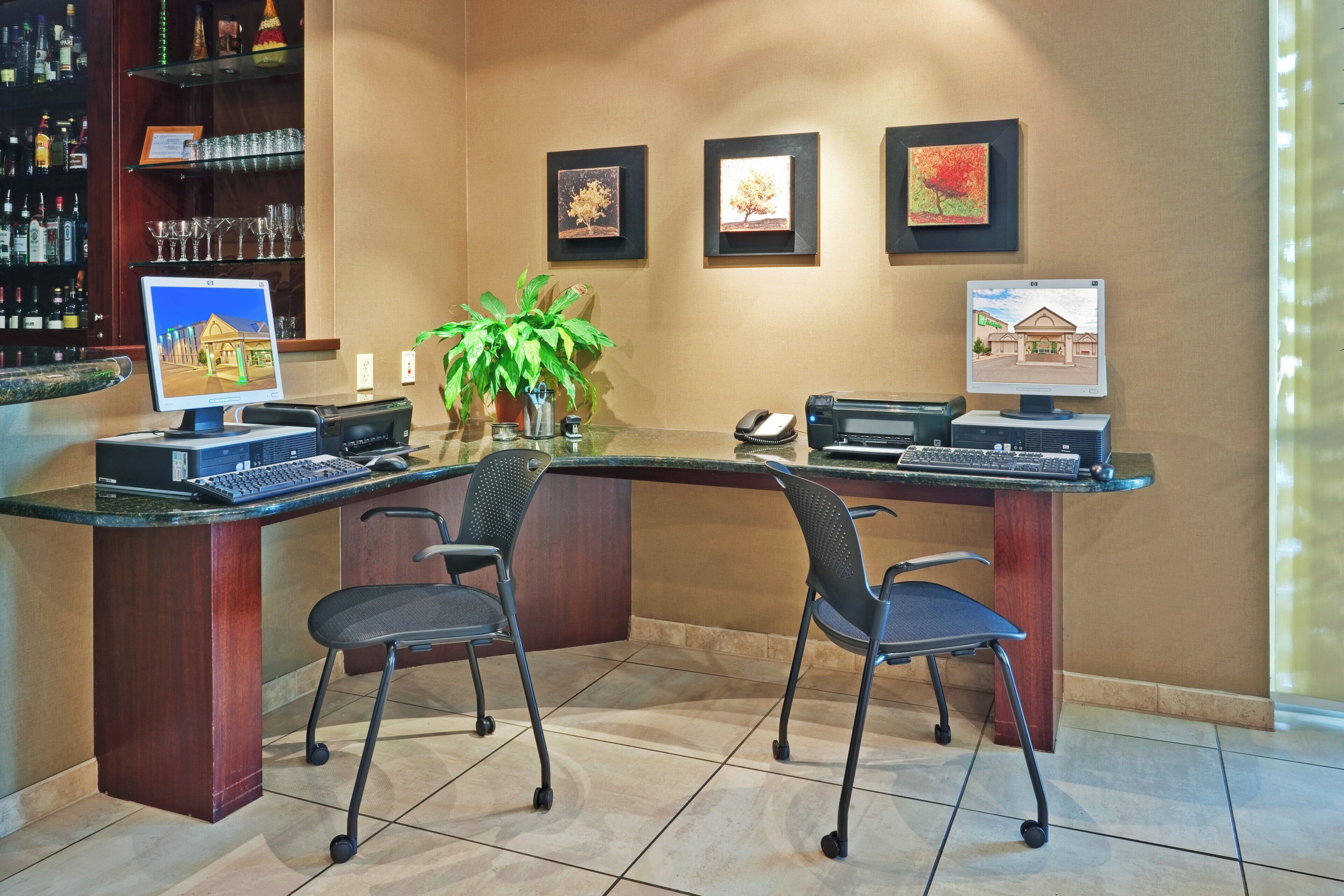 A reception desk with two computer monitors, a telephone, and a printer. There are two chairs and a potted plant. The wall has three framed pictures.