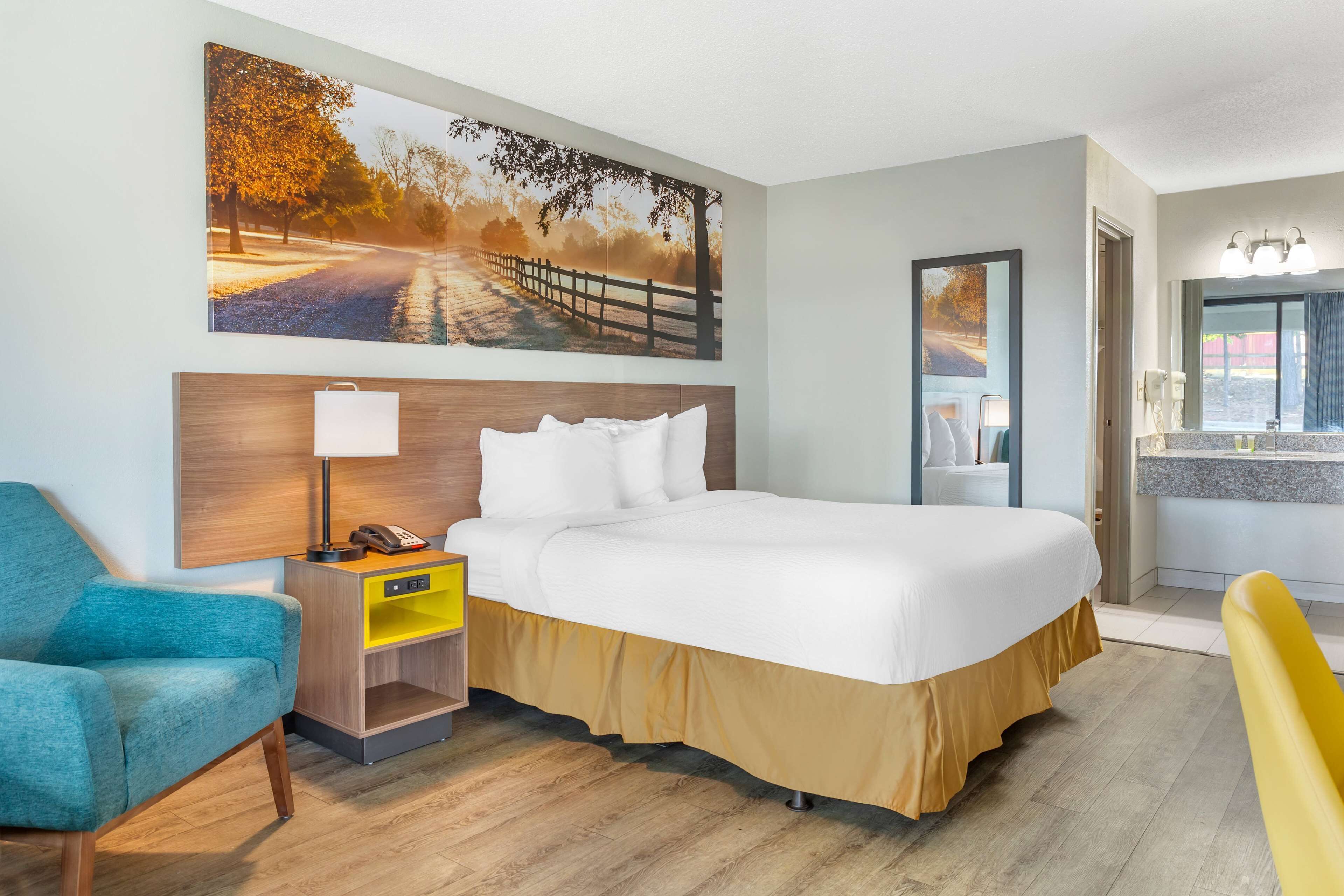 Habitación de hotel con una cama grande, una mesita de noche con lámpara, una silla y un cuadro con paisaje de parque.