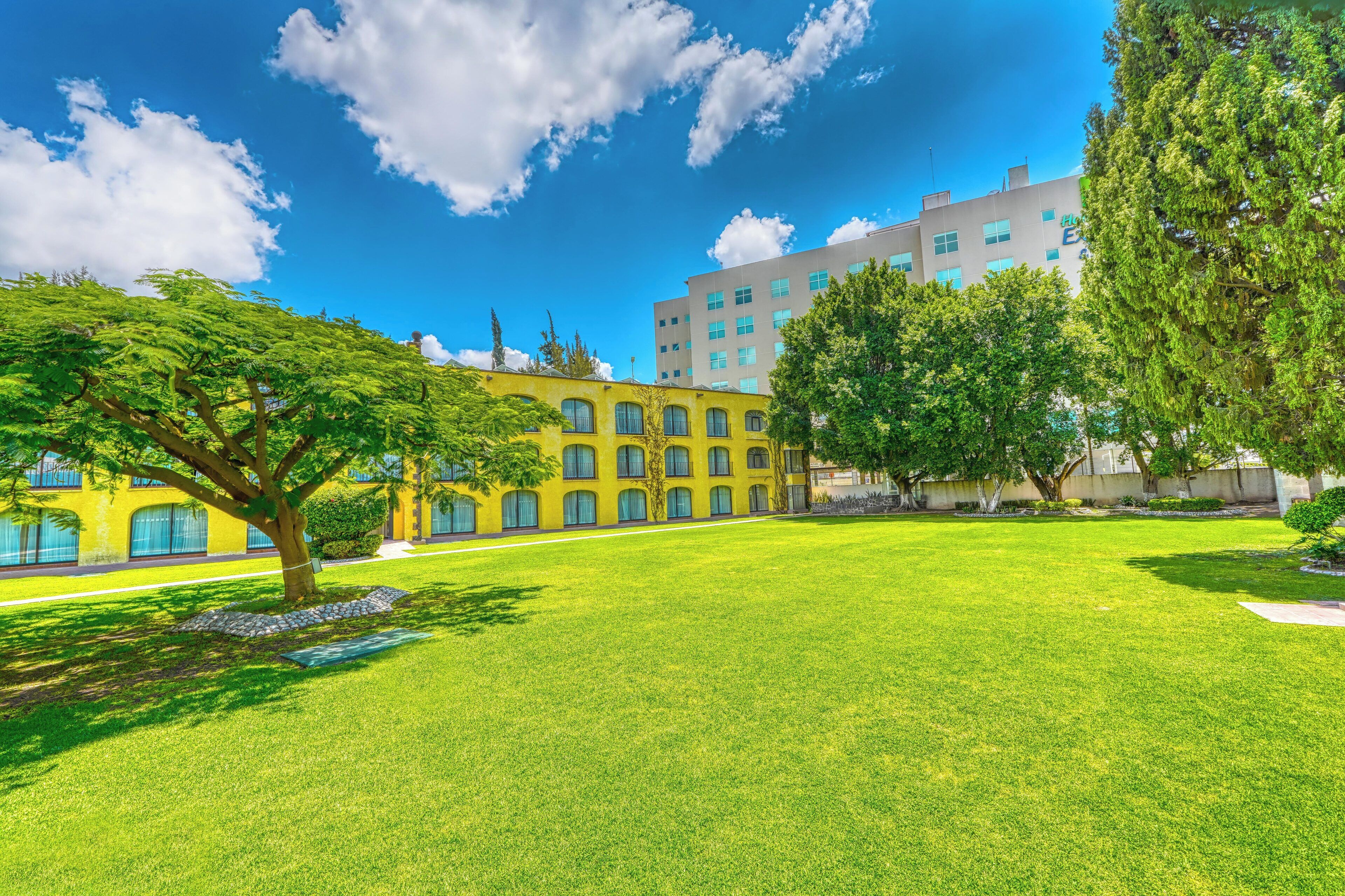 A courtyard with a large tree, a yellow building, and a clear blue sky.