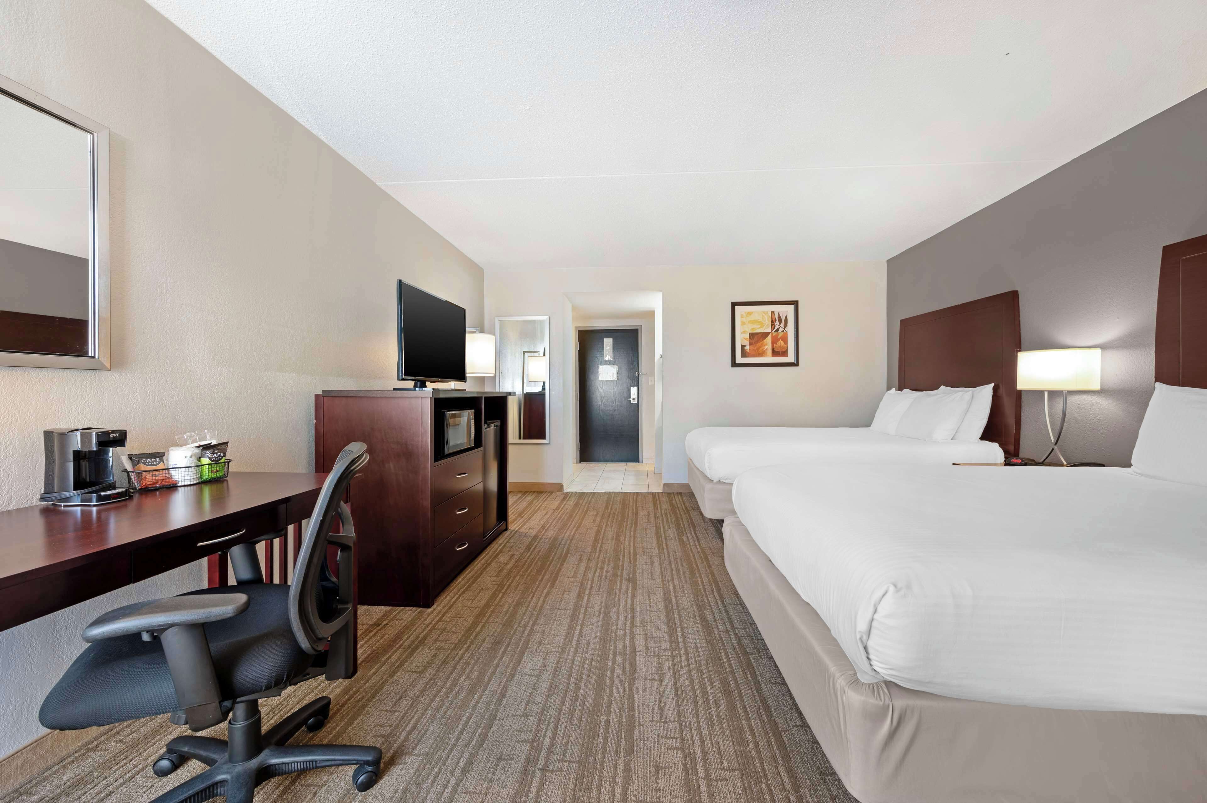 Standard Room, 2 Queen Beds, Non Smoking, Refrigerator & Microwave | Desk, laptop workspace, blackout drapes, iron/ironing board