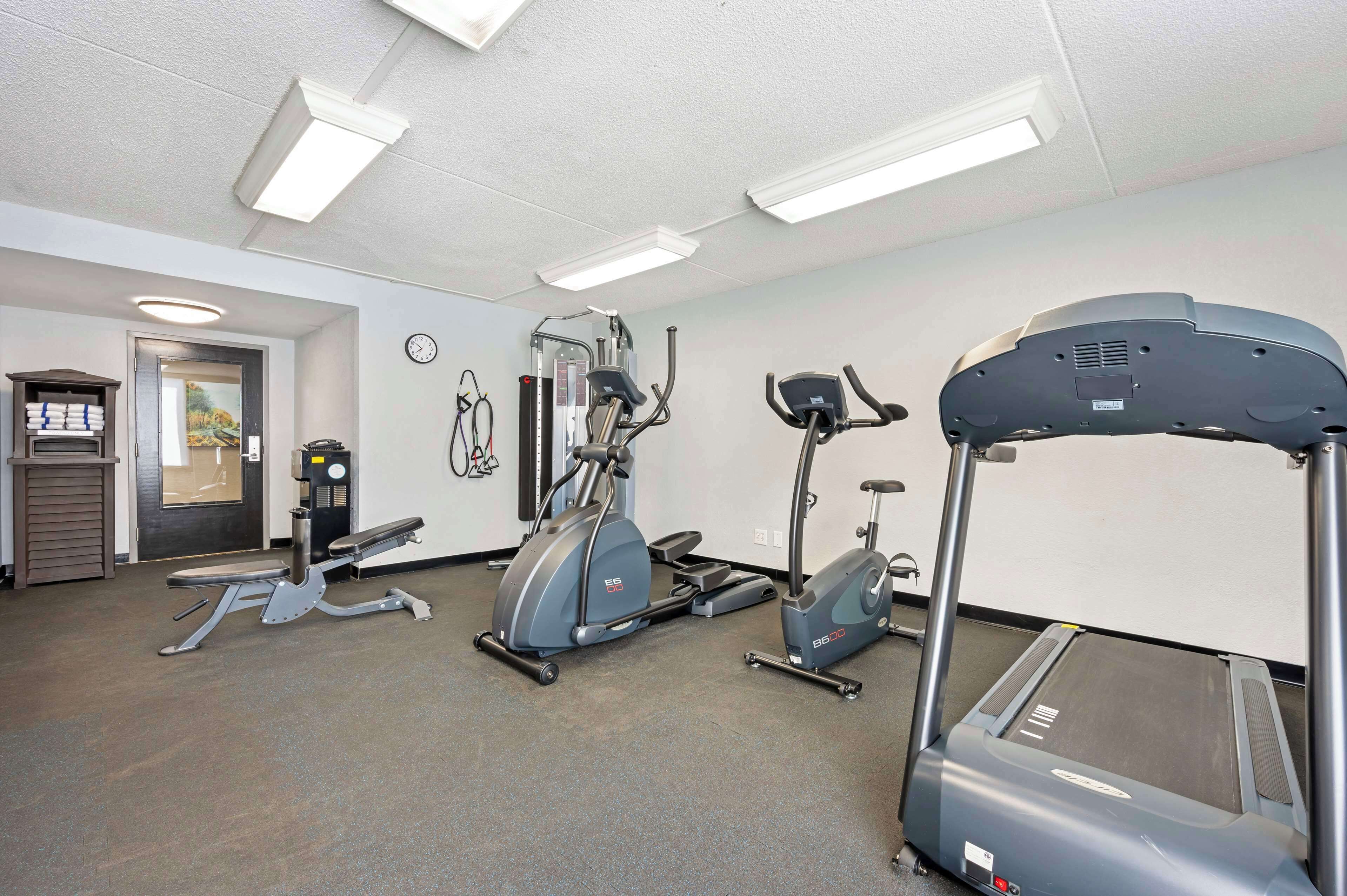 A gym with treadmills, elliptical machines, and weight equipment.