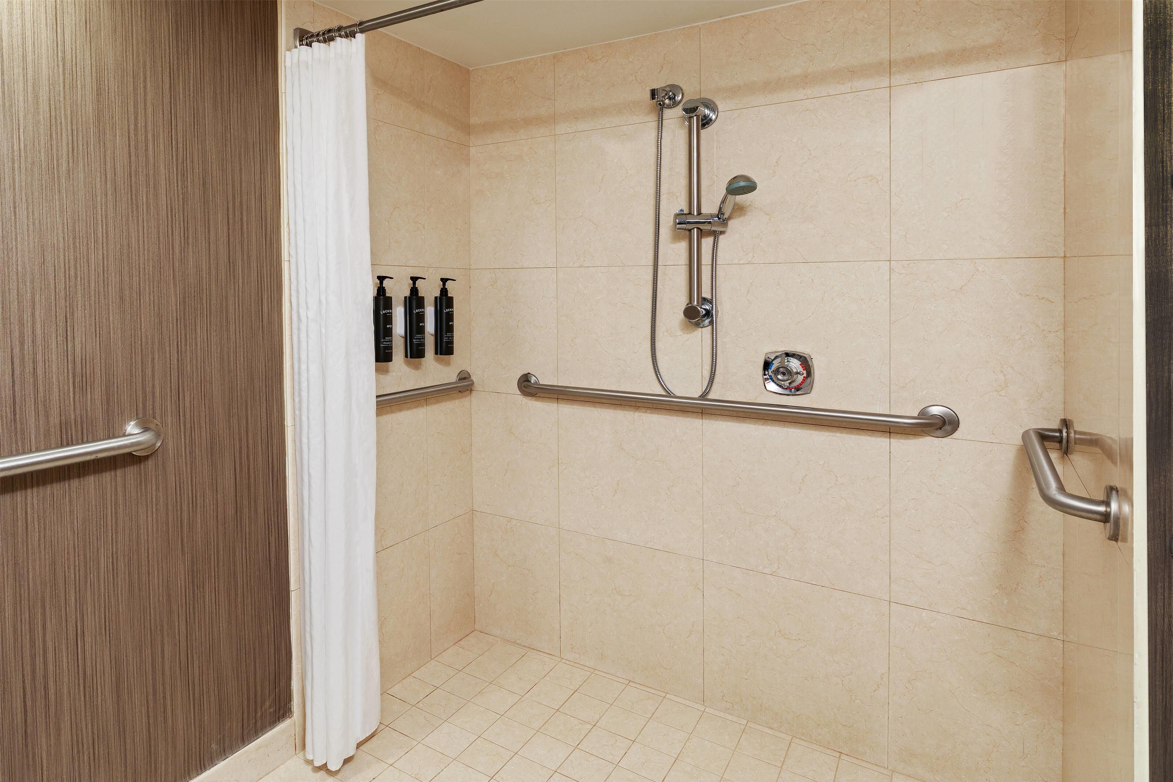 A shower area with a grab bar, a handheld showerhead, and a wall-mounted faucet.