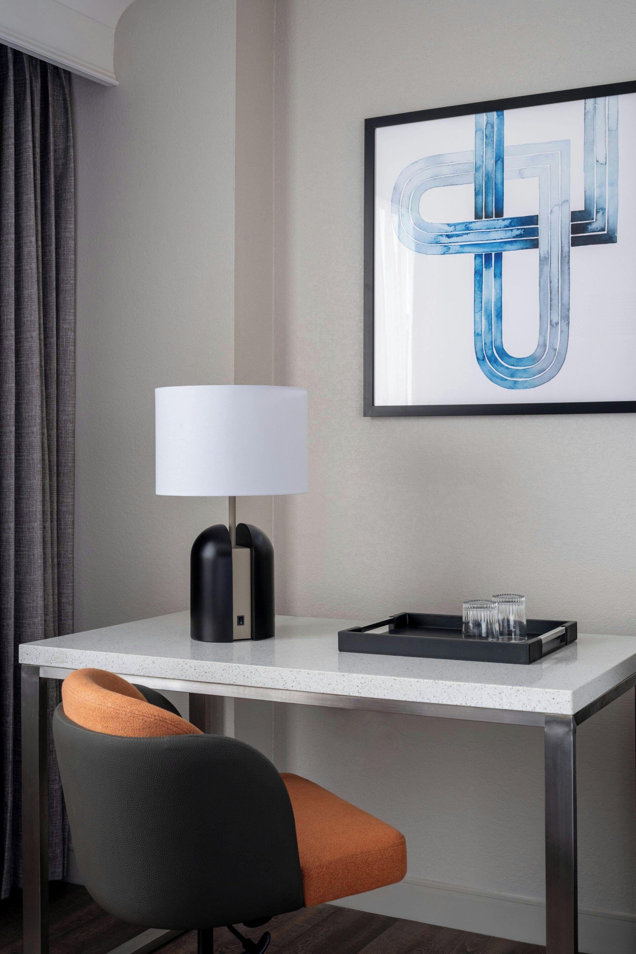 premium bedding, desk, laptop workspace, blackout curtains