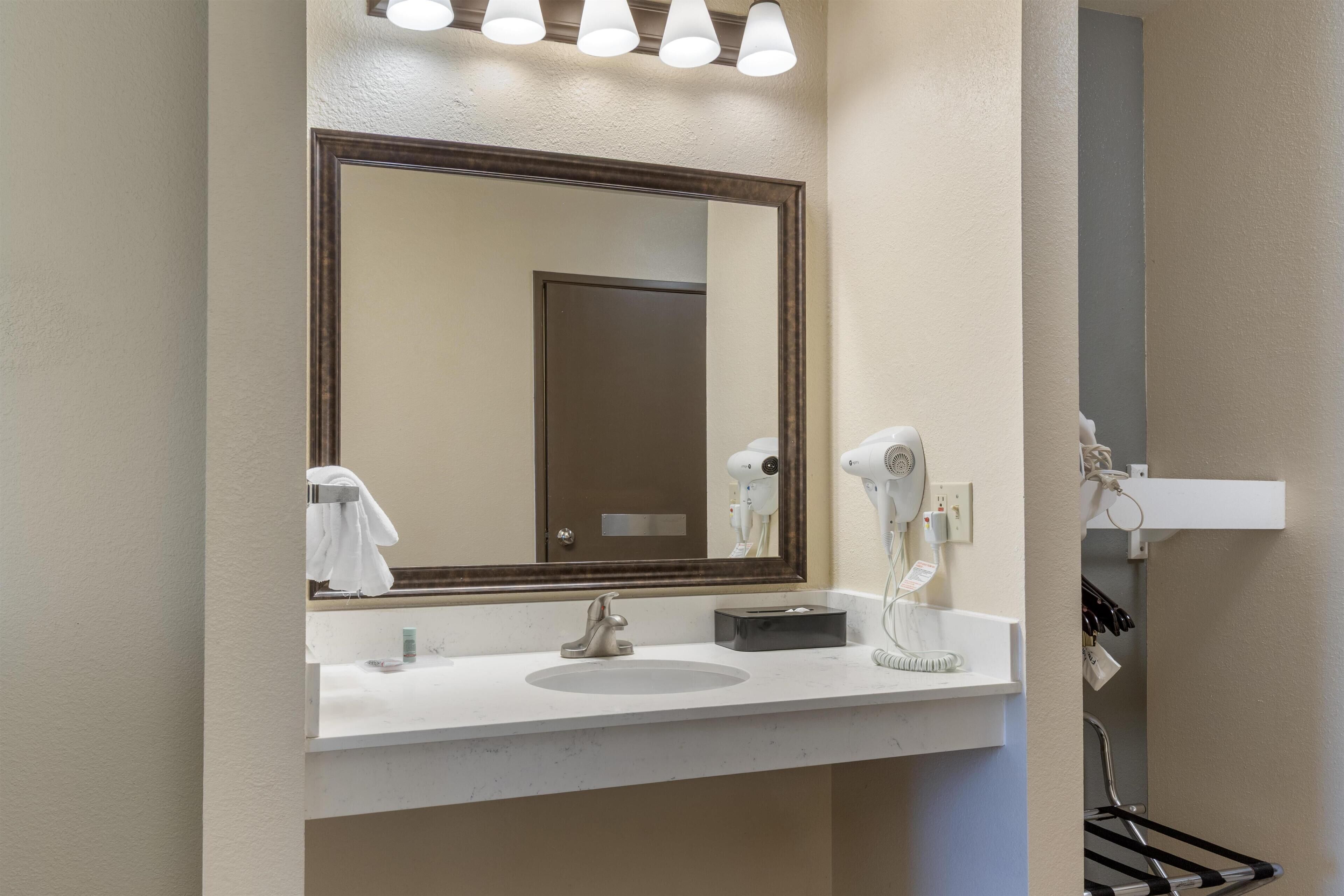 A bathroom with a large mirror, a sink, a hairdryer, and a towel rack.