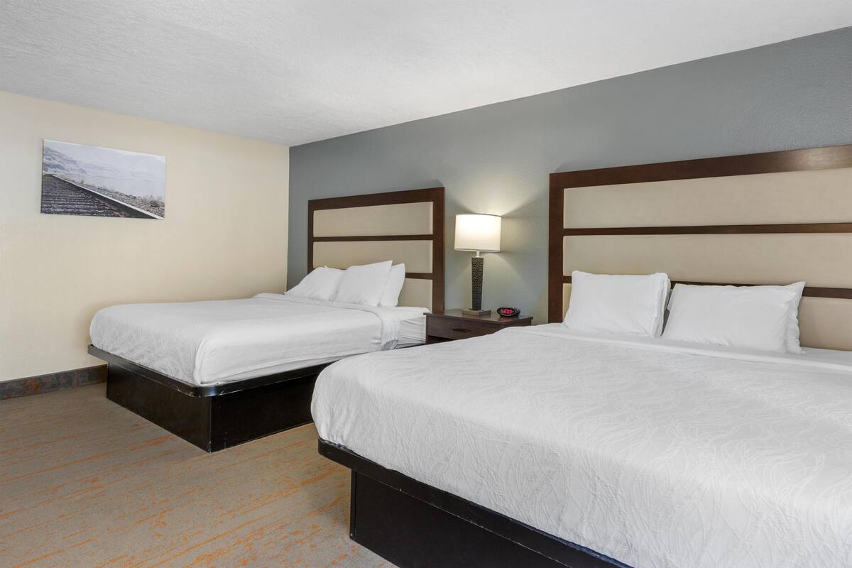 A hotel room with two beds, a nightstand with a lamp, and a framed picture on the wall.
