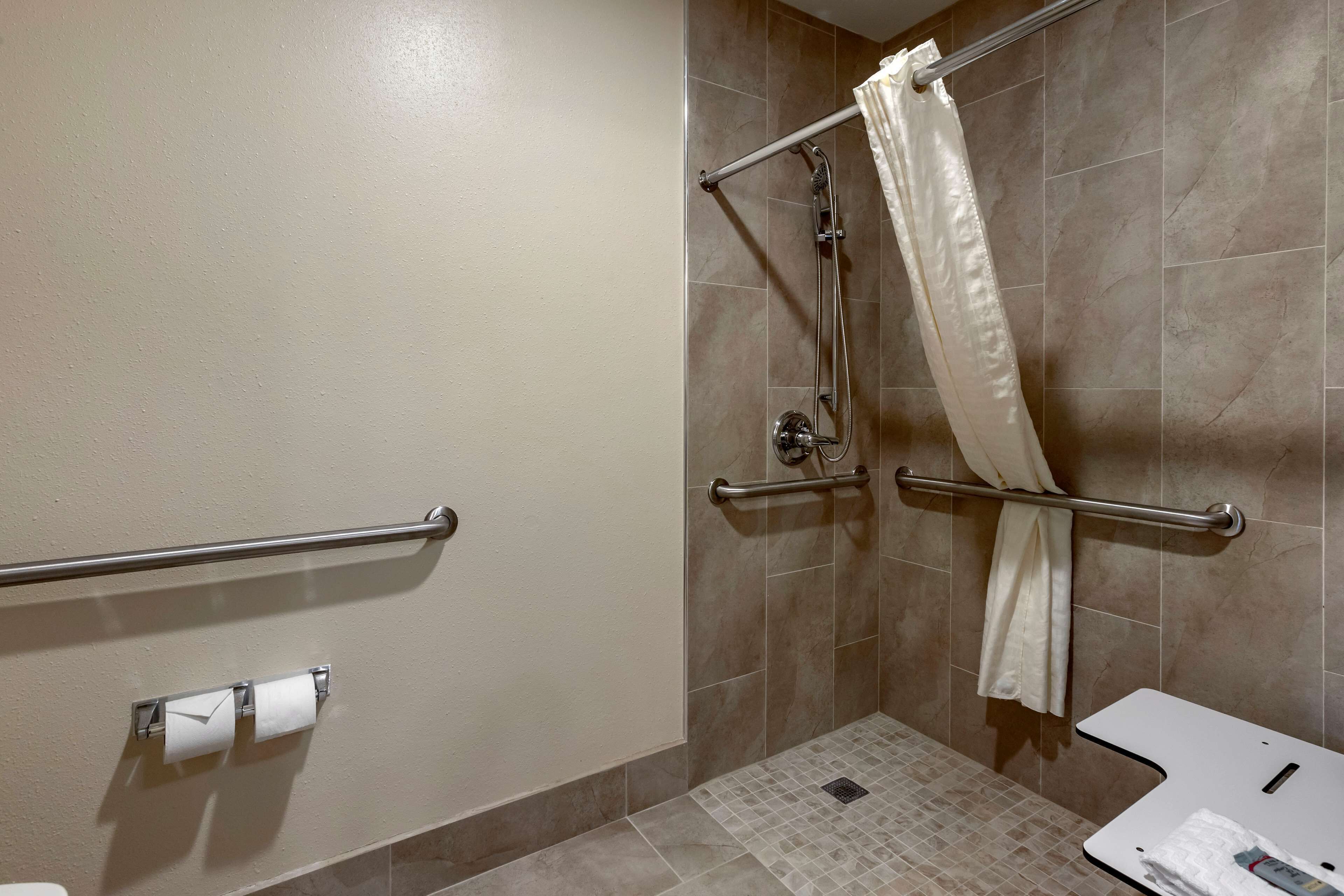 combined shower/bathtub, free toiletries, hair dryer, towels