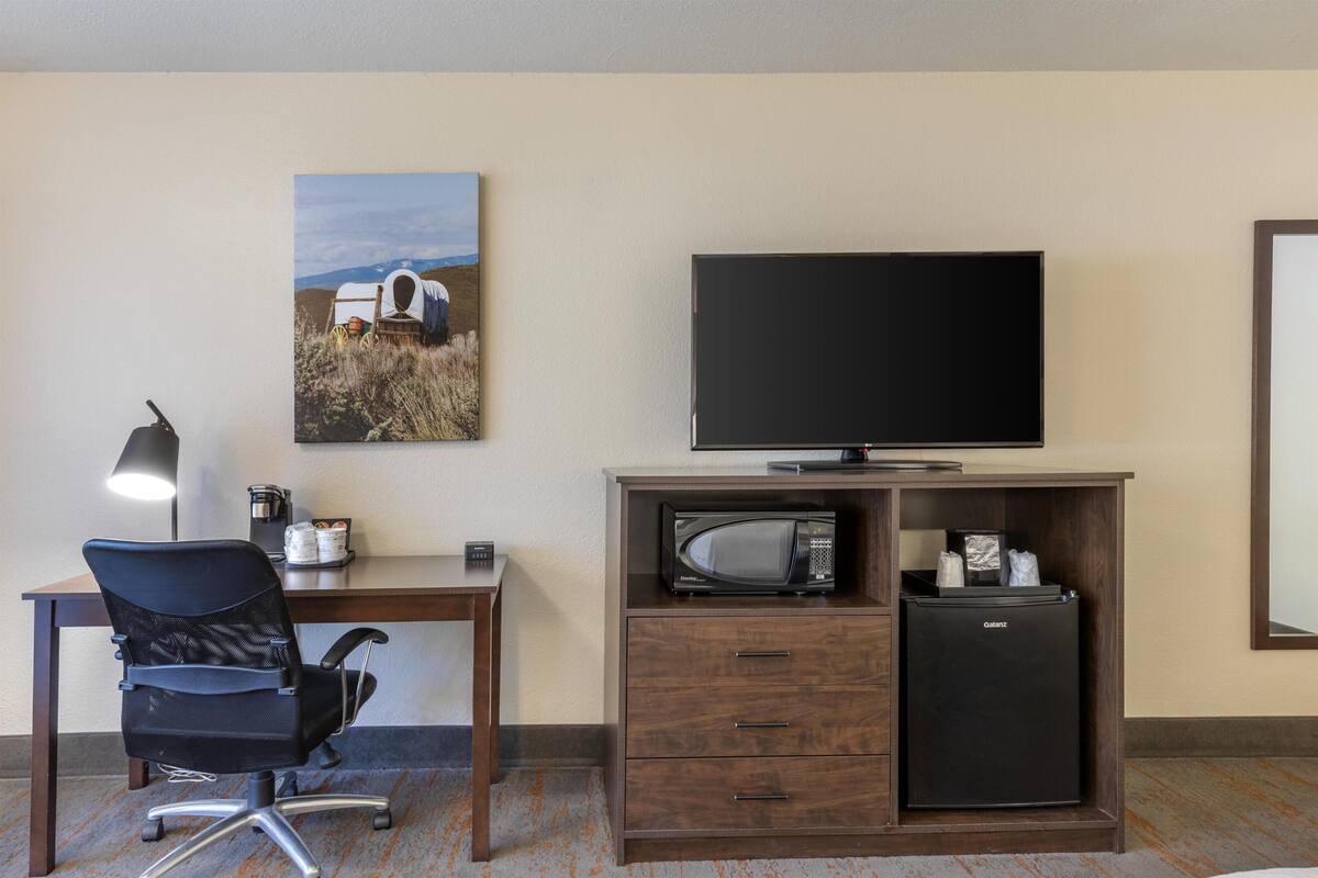 A hotel room with a desk, office chair, television, microwave, and refrigerator.