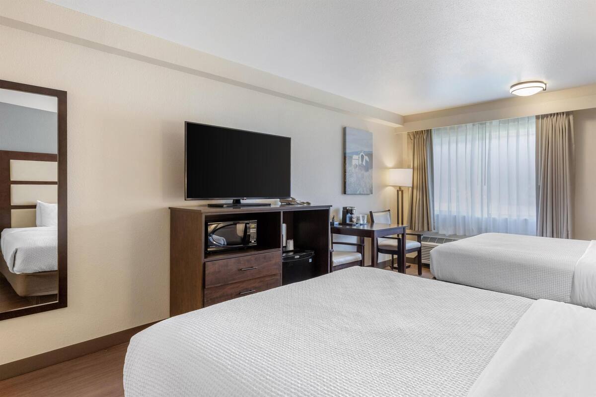 A hotel room with two beds, a TV, a desk with a chair, a lamp, and a window with curtains.