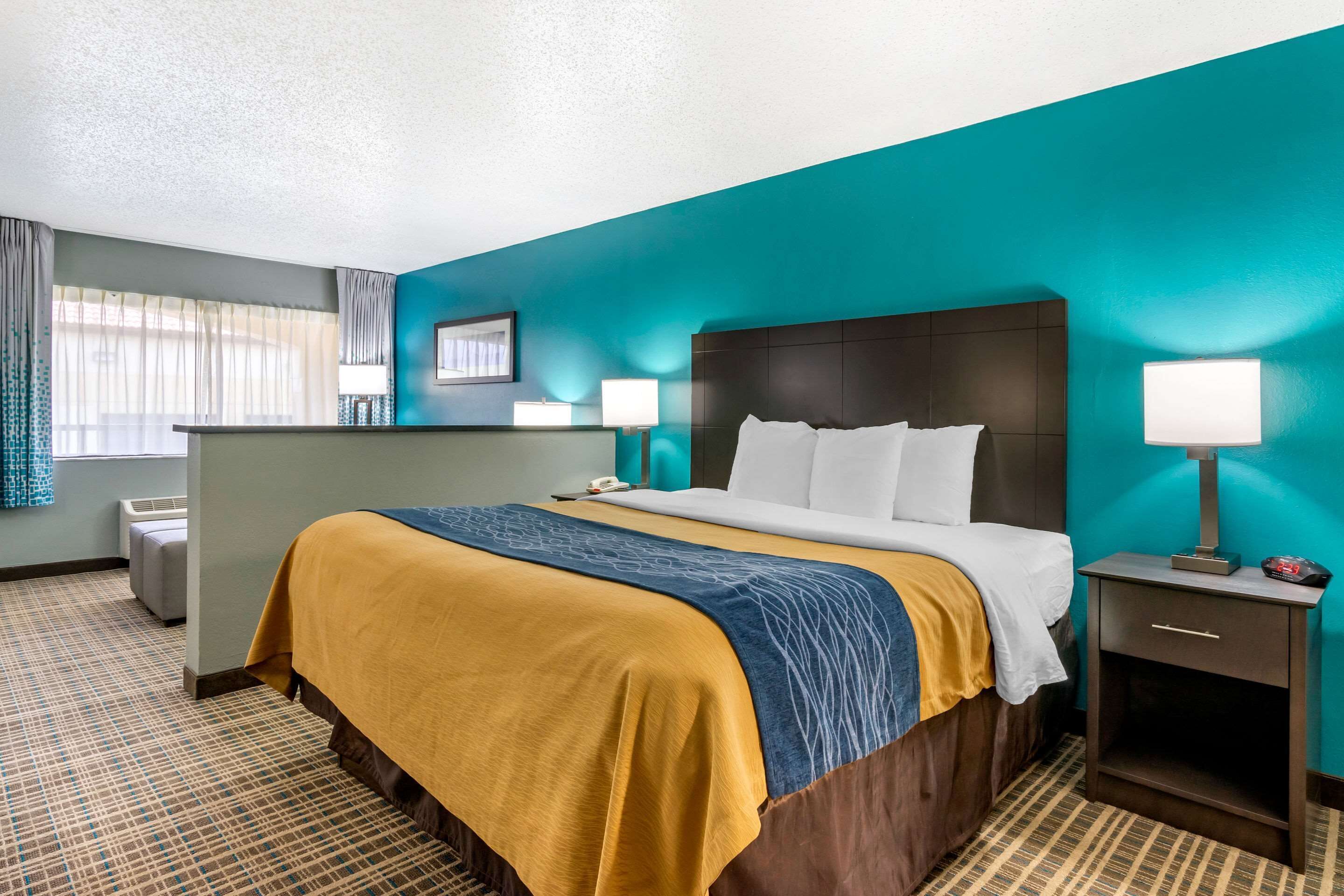 Una habitación de hotel con una cama grande, una mesita de noche, un escritorio y una ventana con cortinas.